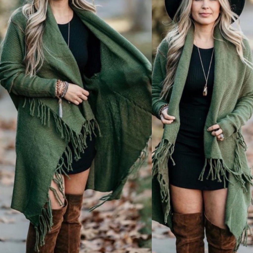 Jolly Rancher Olive Fringe Tasseled Open Knit Cardigan